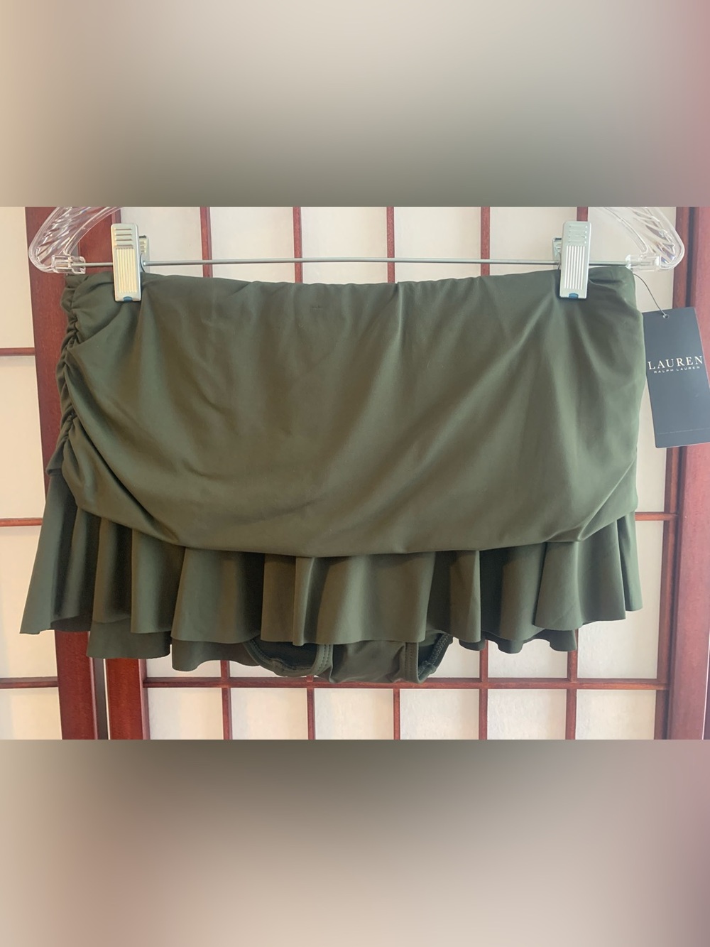 NWT Lauren Ralph Lauren Olive Green Ruffle Swim Skirt Bikini Bottoms Size 10